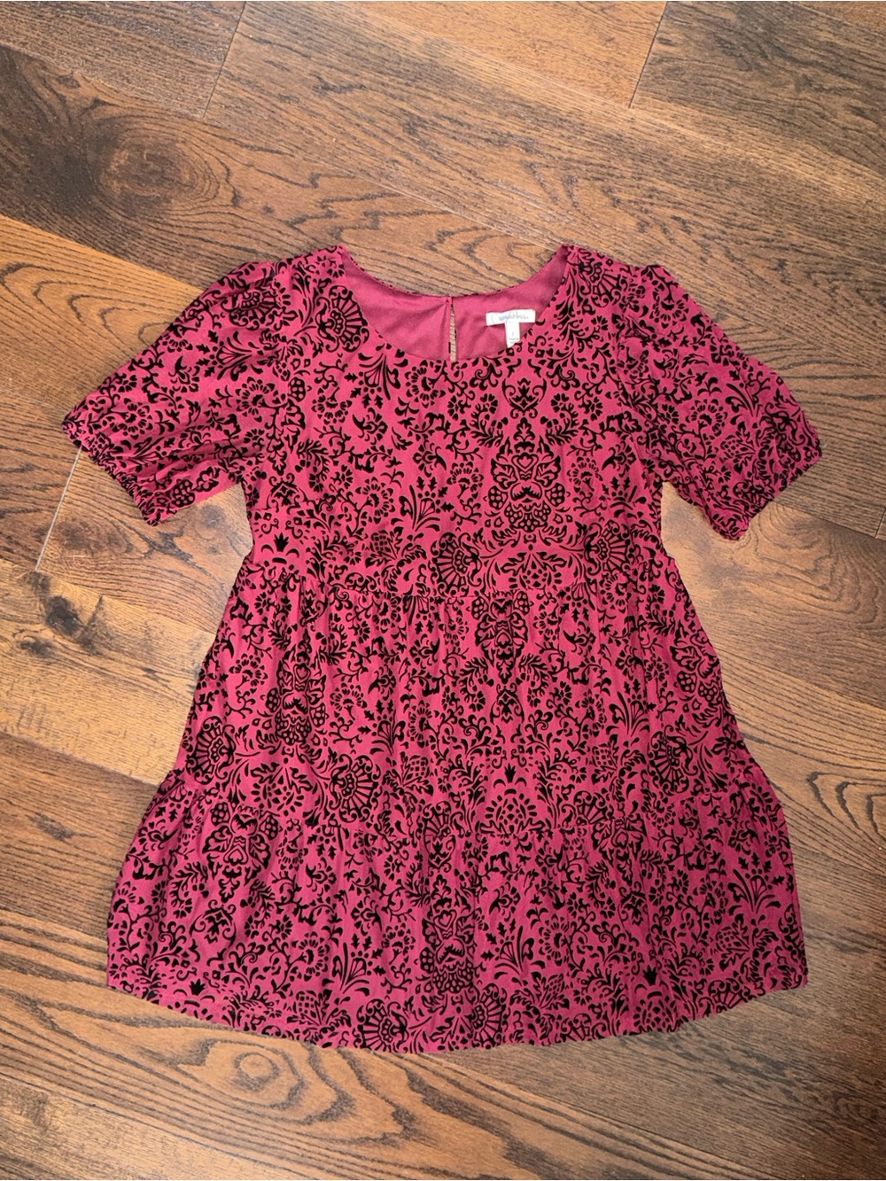 Speechless Burgundy Dress with Black Velvet Damask Print